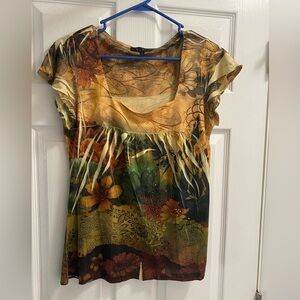 BLEU L Top Sublimation Blouse Colorful Rhinestone Top Lg Large Shirt